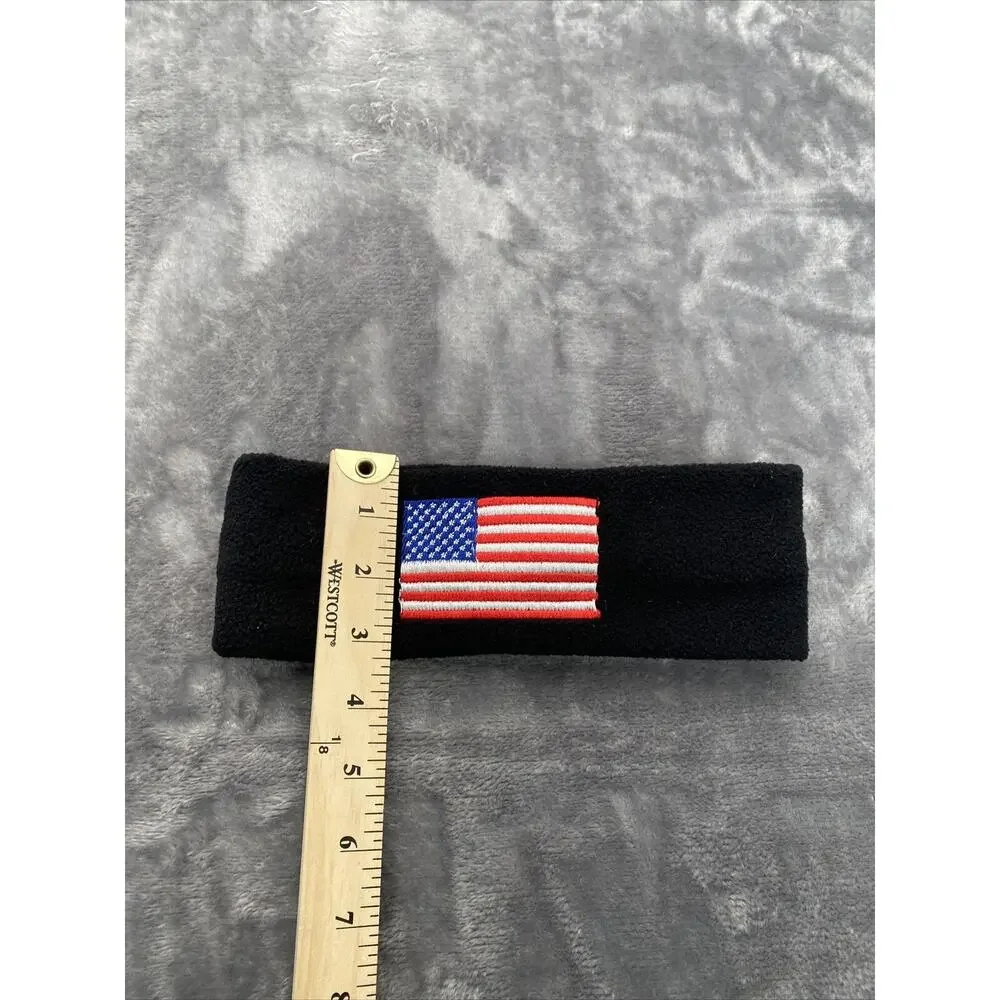 Head Band Ear Warmer Fleece Material Black with Embroidered American Flag
